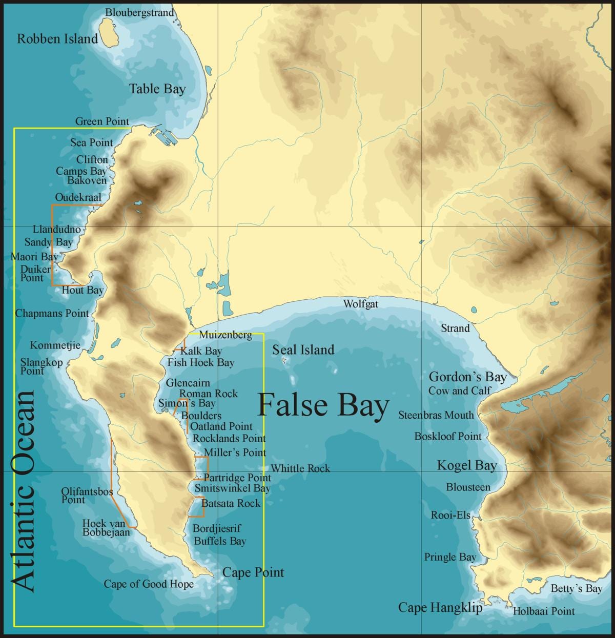 kort af rangar bay Höfðaborg